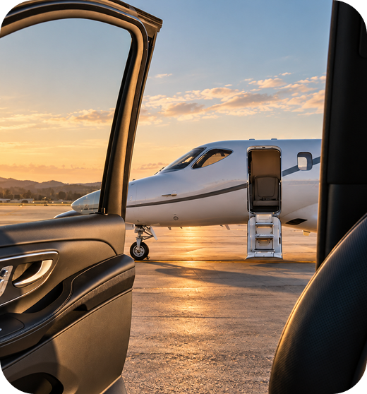 Private jet viewed from a passenger transfer vehicle